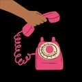 The hand holds the receiver of an old retro pink telephone. Vector illustration in flat style Royalty Free Stock Photo